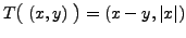 $ T \bigl( \;(x,y) \; \bigr) = (x-y, \vert x\vert)$