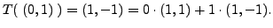 $\displaystyle T(\;(0, 1)\;) = (1,-1) = 0 \cdot (1,1) + 1 \cdot (1,-1).$