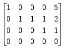 $ \begin{bmatrix}1 & 0 & 0 & 0 & 5 \\
0 & 1 & 1 & 1 & 2 \\ 0 & 0 & 0 & 1 & 1 \\ 0 & 0 & 0 & 0 & 0
\end{bmatrix}$