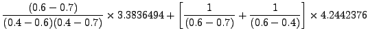 $\displaystyle \frac{(0.6-0.7)}{(0.4-0.6)(0.4-0.7)}\times 3.3836494
+\left[\frac{1}{(0.6 - 0.7)}+\frac{1}{(0.6 - 0.4)}\right]\times
4.2442376$